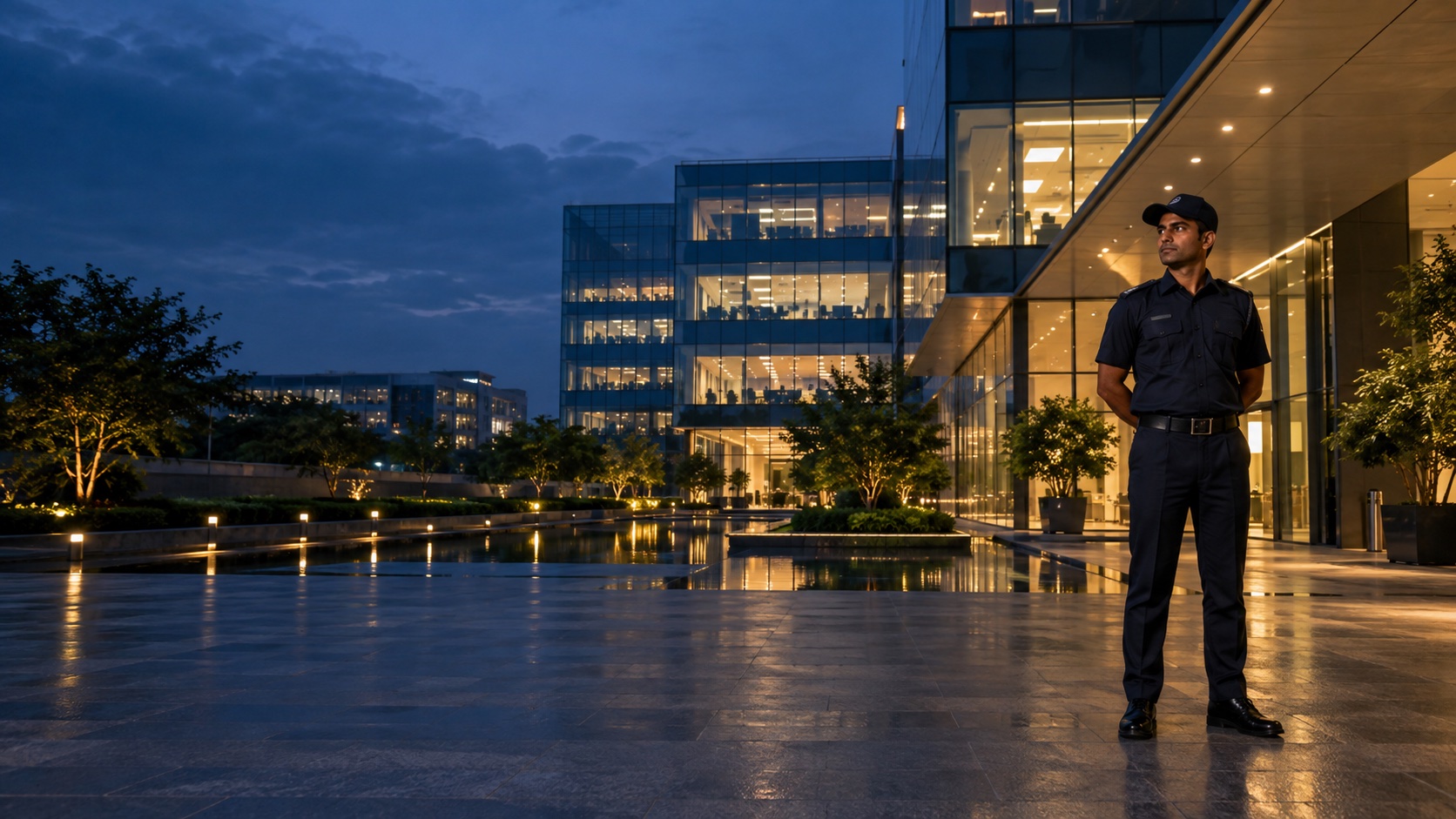 A uniformed security guard on duty outside a glass office building at night (illustrative image)